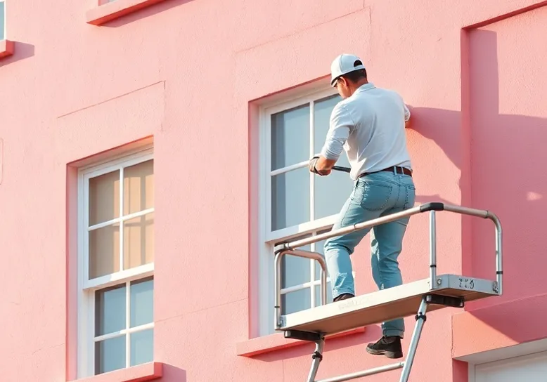 Peintre sur échafaudage traitant la façade d'une maison