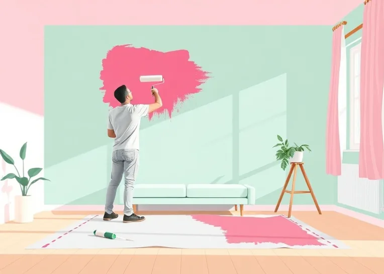 Peintre appliquant la peinture au rouleau sur un mur de salon